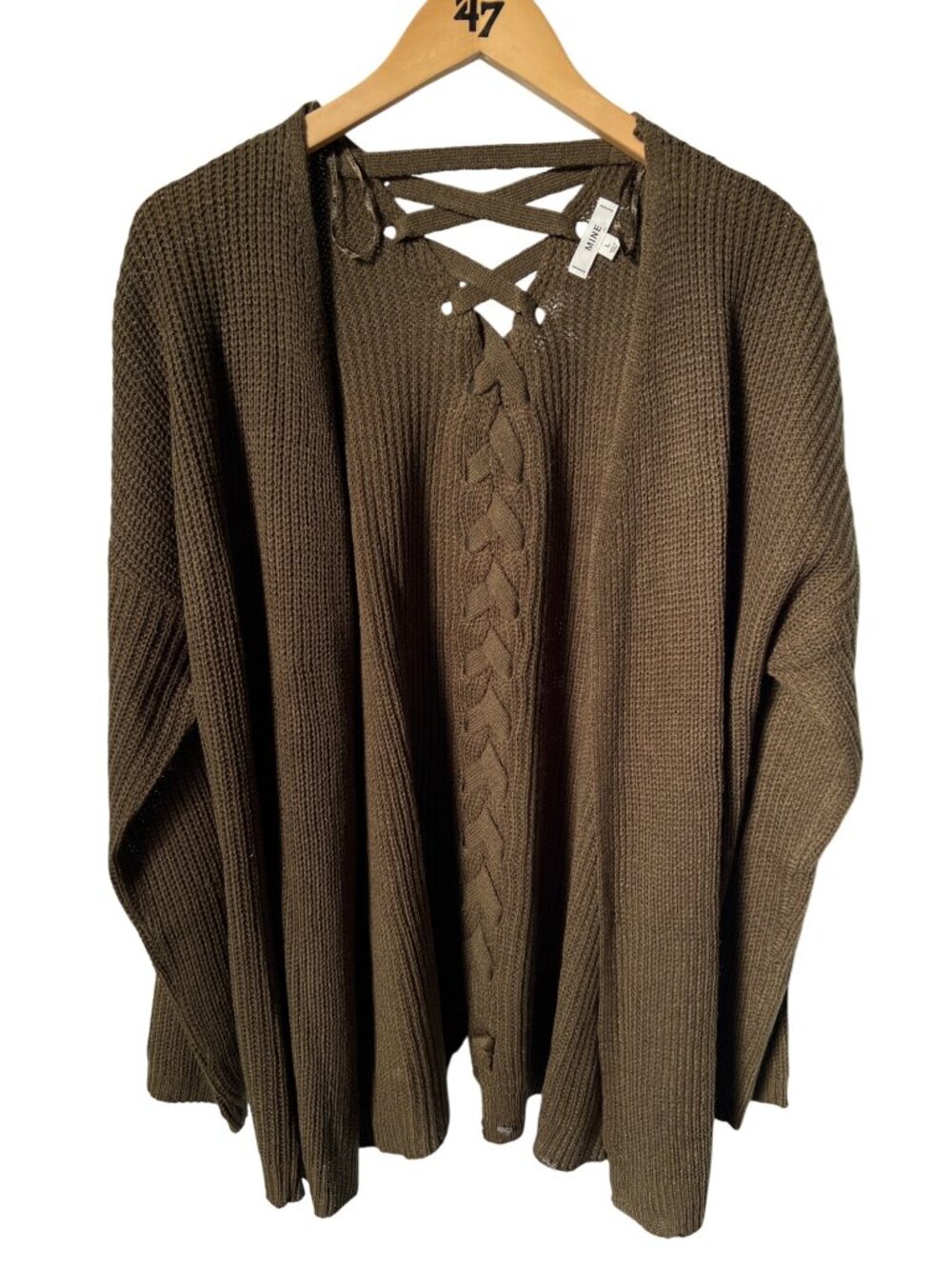 Mine Cardigan Sweater Large Open Front Lace Up Back Neutral Cozy Knit Relaxed